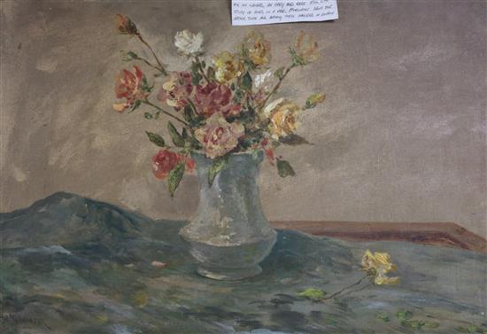 Francis E. Jamieson (1895-1950) Unusual still life of roses in a vase 40 x 61cm, unframed